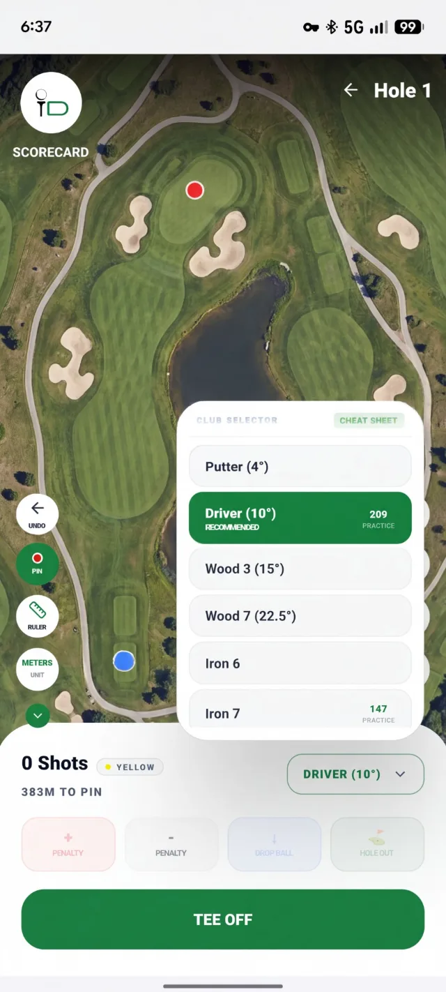 Caddy map with distance to pin and recommended driver