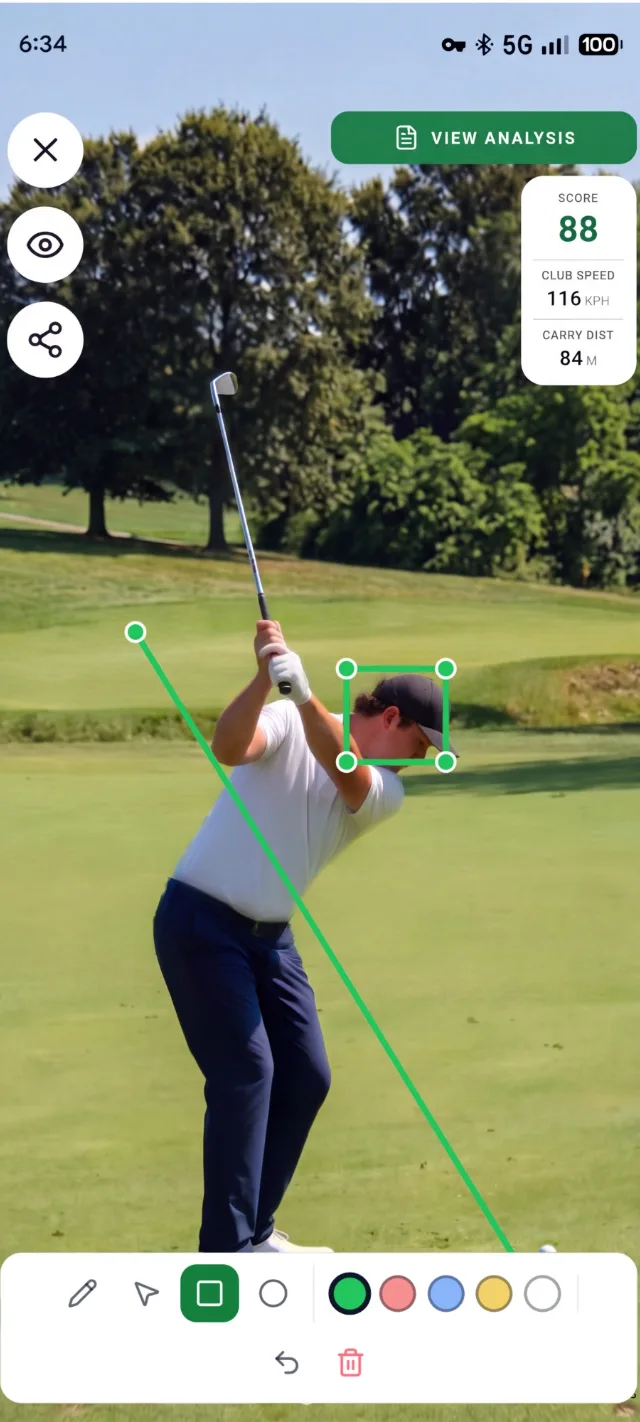 Replay Theater with a swing plane line and head box drawn on the video